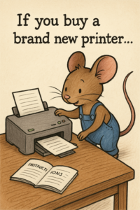 Cartoon Mouse Setting Up a New Printer